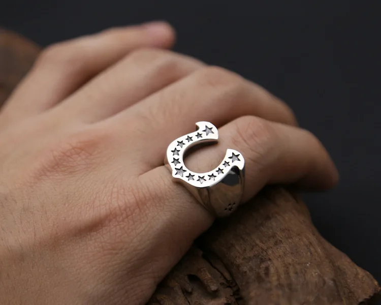 S925 серебряные ювелирные изделия персональный законодатель моды Винтаж Ретро подковы замкнутое кольцо u-образное серебряное кольцо со звездами
