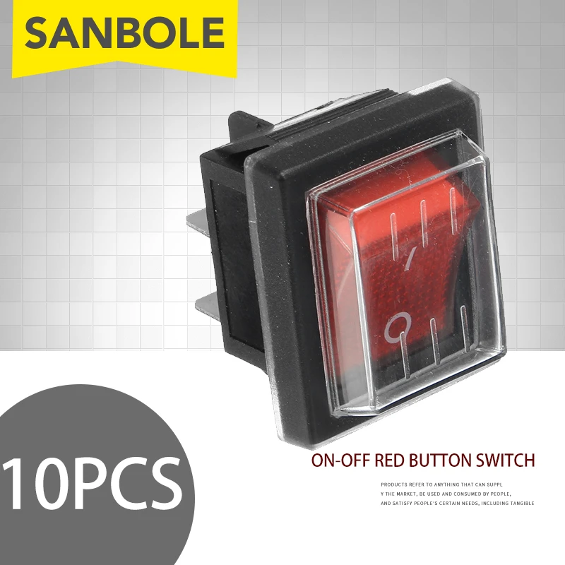 Interruptor Reposição à Prova d Água para Máquinas de Sucção a Vácuo Industriais Interruptor de Botão Rocker com 10 Peças 220v16a 20a 125v Ligado Desligado Vermelho