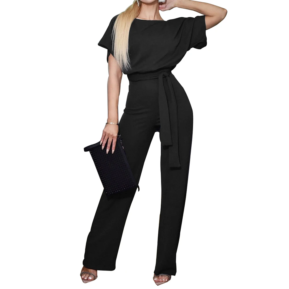 VFR11 black Женские комбинезоны, Новое поступление, модные одноцветные женские комбинезоны с коротким рукавом, женские комбинезоны с завязками и широкими штанинами размера плюс - Цвет: VFR11 black