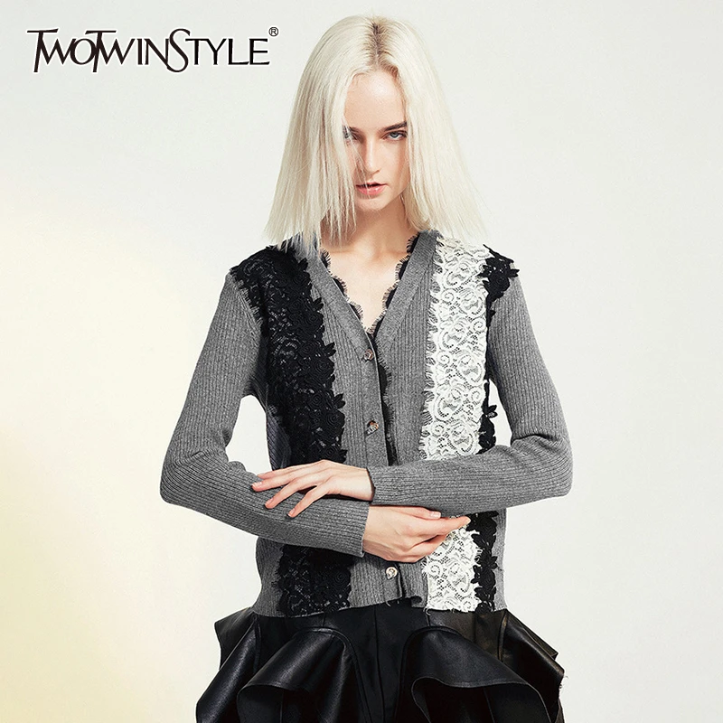 

TWOTWINSTYLE Casual Knitting Womens Sweater V Neck Long Sleeve Patchwork Lace Hit Color Cardigans Female 2019 Autumn Fashion New