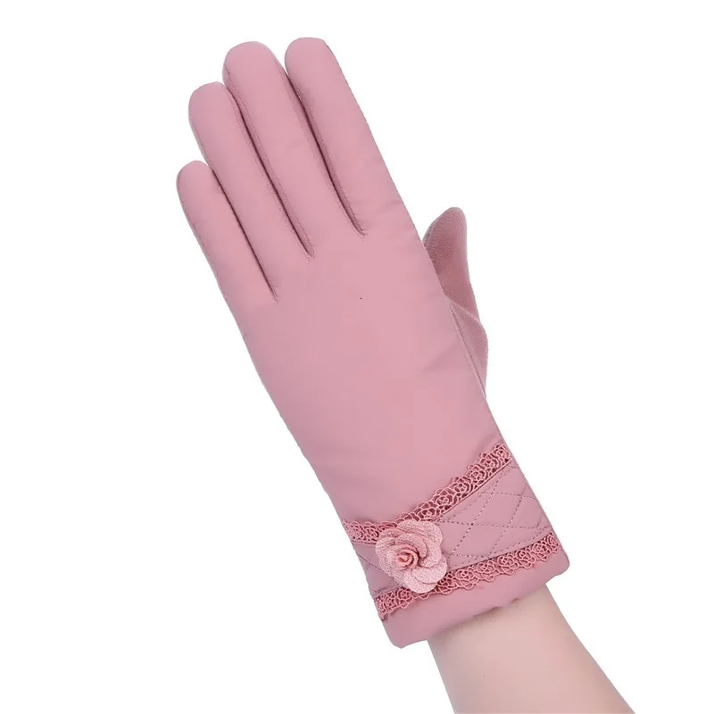 pinkflower Осенне-зимние теплые меховые варежки перчатки высокого качества Модные женские имитация кожи Кролик Вышитые Перчатки Горячая Распродажа Мода - Цвет: pinkflower