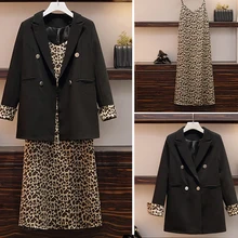 Осенний костюм размера плюс из 2 частей, женский костюм, лето, повседневный Блейзер, шифоновое платье с цветочным рисунком, Женский офисный костюм