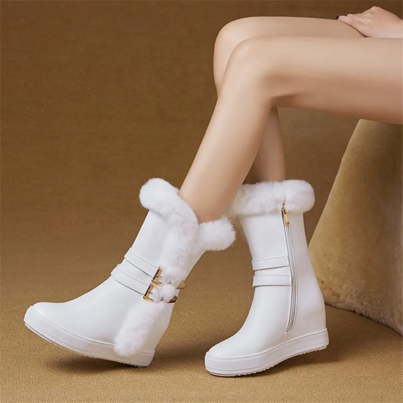 PXELENA Luxury Hidden High Heels Platform Snow Boots Women Waterproof Winter New Buckle Zip Rabbit Fur Plush Warm Shoes 40
