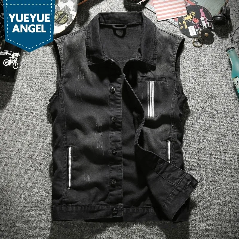 

Korean Thin Slim Fit Vintage Cowboy Sleeveless Waistcoats Single Breasted Turn Down Collar Fashion Mens Denim Vests Plus Size