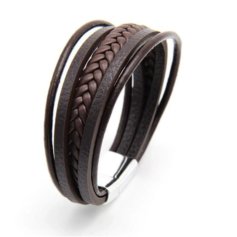 Дизайн многослойный ручной работы плетеный браслет из натуральной кожи и браслет для мужчин из нержавеющей стали модные браслеты подарки