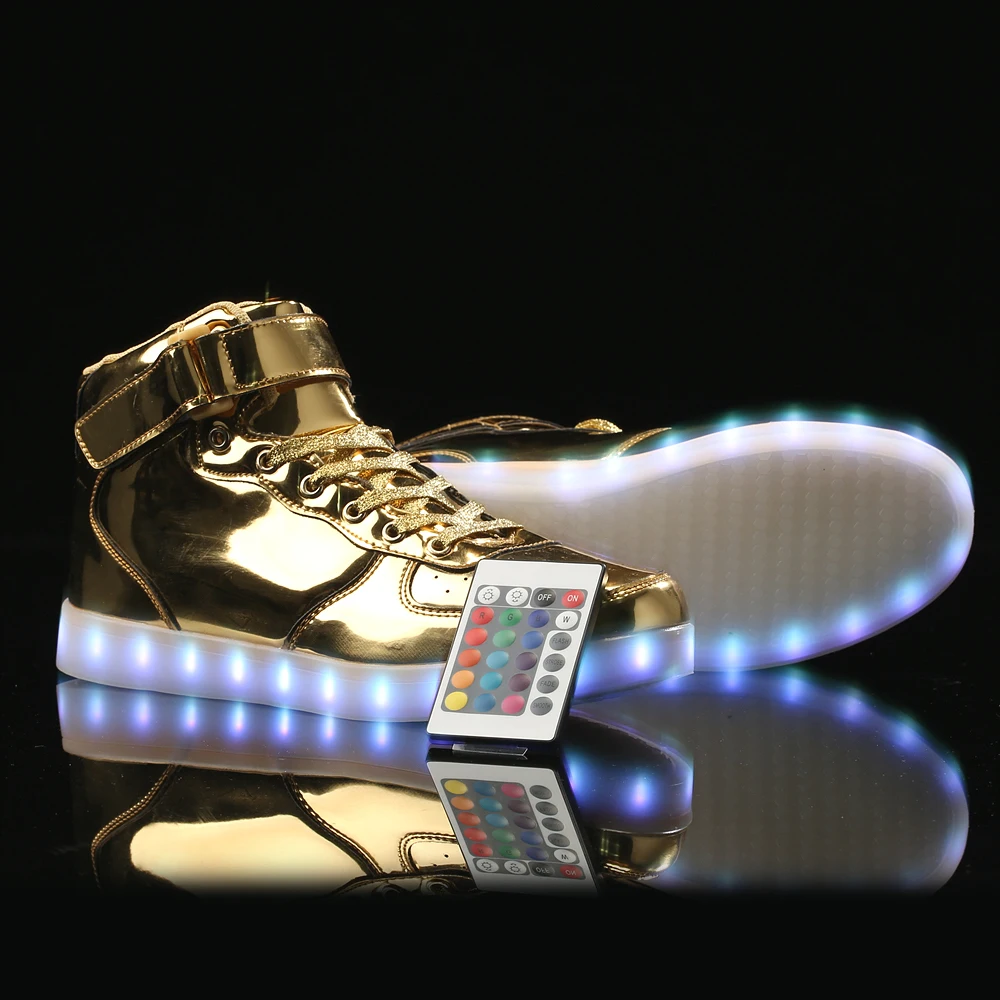 Remote Control Led Mens Fashion Luminous Shoes High Top LED Lights USB Charging Colorful Unisex Gold Casual Flash | Обувь
