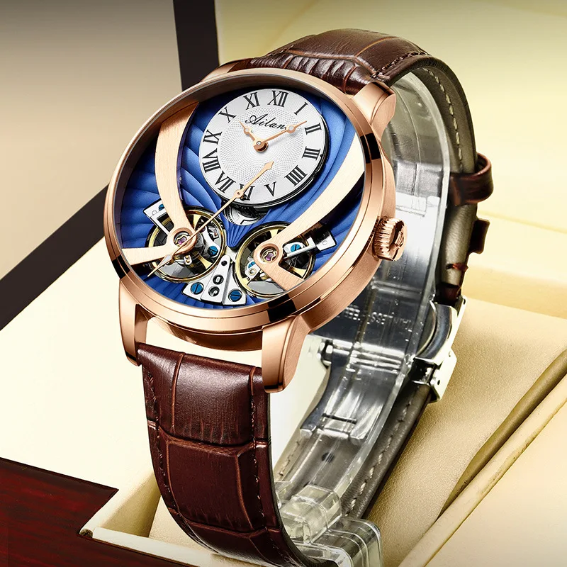 Double Tourbillon Business Mens Watches Top Brand Luxury Casual Automatic Mechanical Sports Watch Genuine Leather Male Clock
