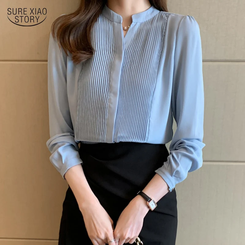 

White Top Office Button Hemp Solid Pleated Shirt French Stand-up Collar Pleated Long-sleeve Chiffon Blouse Vintage Casual 17082