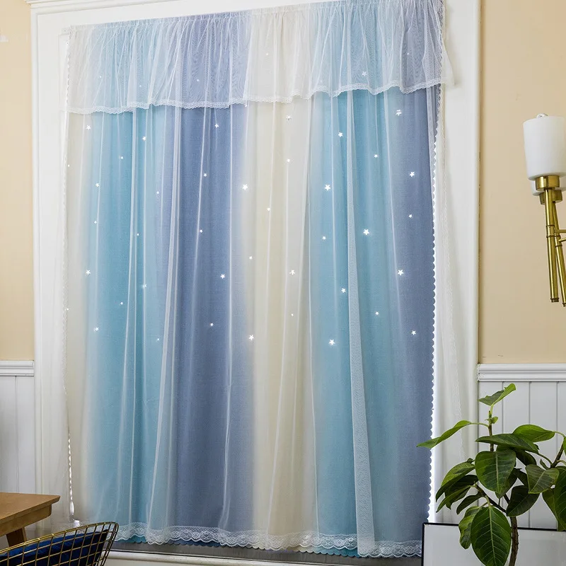 

Punch-free Installation Of Welcro Curtain Finished Double-layer Net Red Gradient Hollow Star Rental Small Window Shading LD355