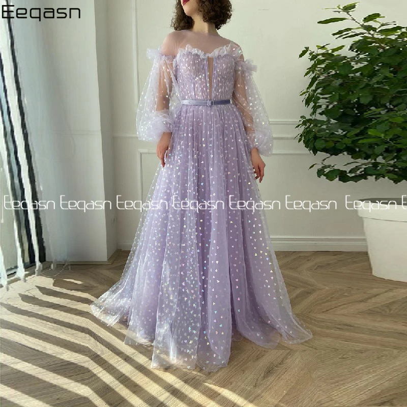 

Lavender Tulle With Heart Evening Dresses Long Puff Sleeves A-Line High Neck Elegant Illusion Prom Dress Party Gown