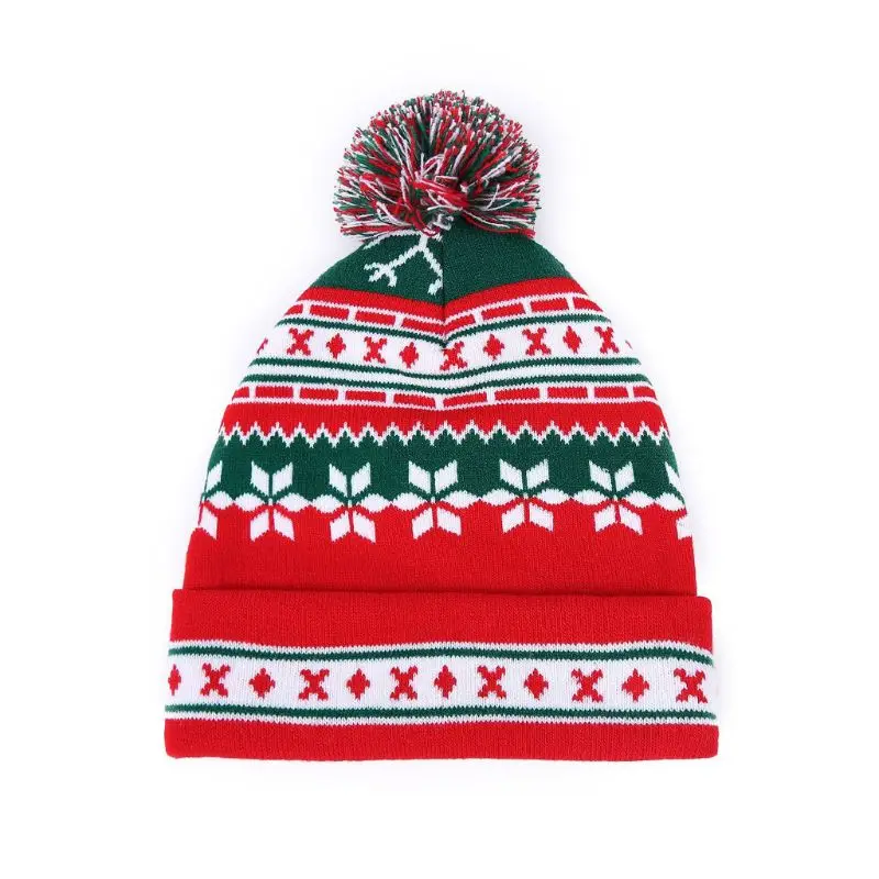 Для женщин и мужчин Рождество Санта Клаус Снежинка вязаная шапка зимние теплые полосы контрастных цветов шапка с манжетой шляпа с помпоном мяч подарок