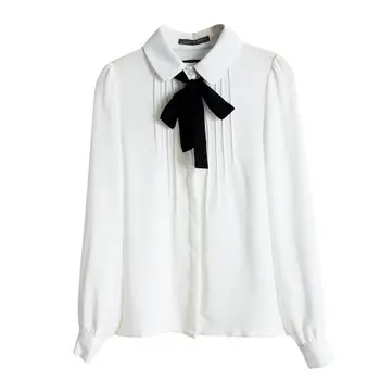 

Summer Shirt Women Long Sleeve Big Bow Chiffon Blouse White Turn-down Collar Shirts S-XL