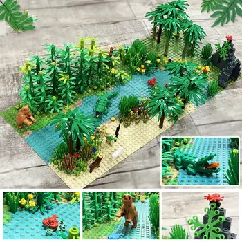 

Jungle Building Blocks Set DIY Small Particle Scenery Parts Accessories with Baseplate Trees Plants Bushes Animals Assembly Toys