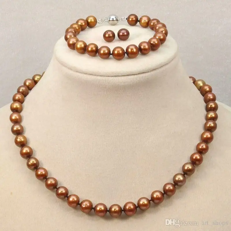 

Set 9-10mm Natural chocolate Freshwater Cultured Pearl Necklace Bracelet Earring