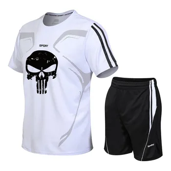 

Tracksuit Men Skull Print Sportswear Tshirts Shorts Two Piece Sets Breathable Mens Short Set Male Quick Drying Fitness Clothing
