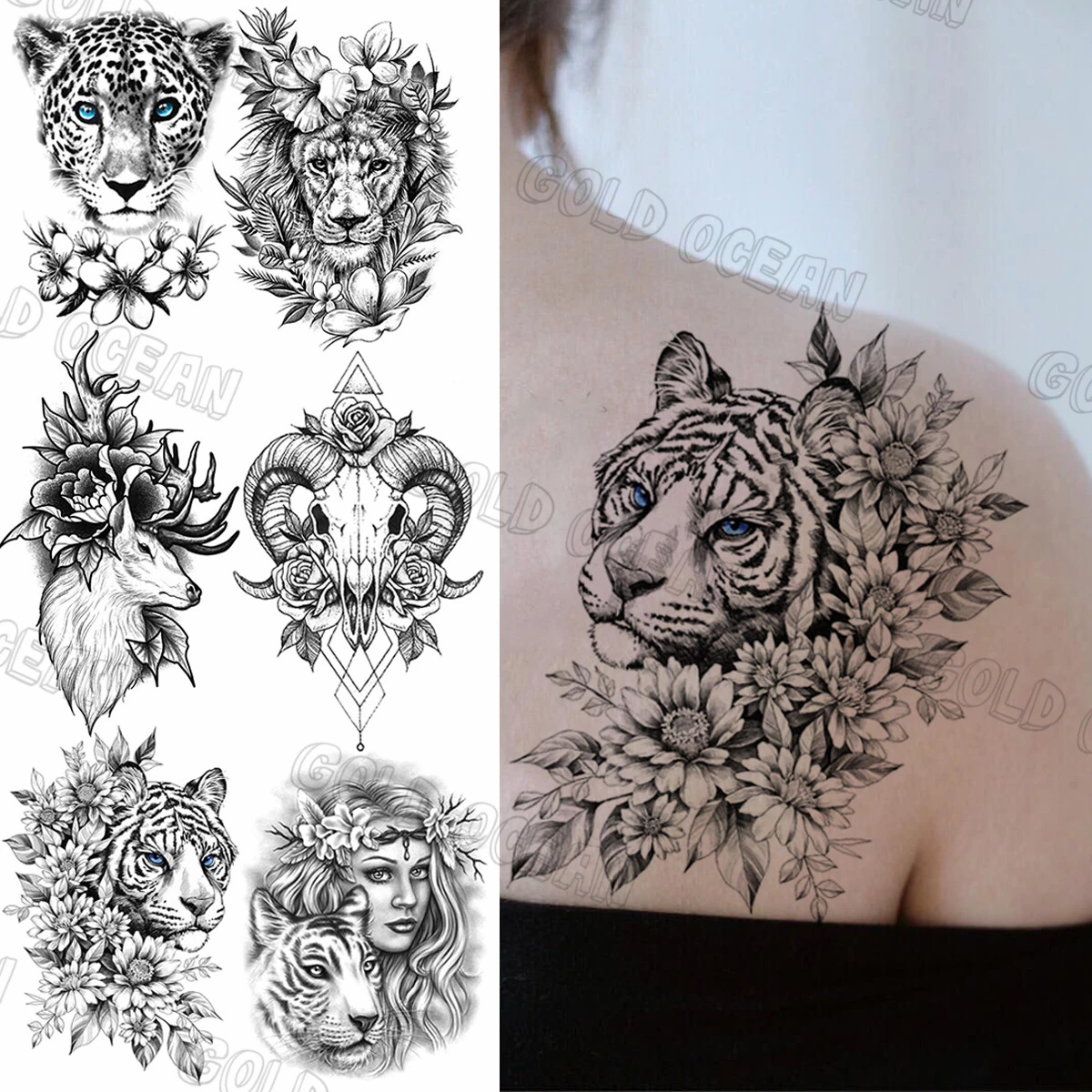 Tatouage Tigre Pour Femme Tatouage temporaire motif fleur de tigre noir pour femmes et hommes, faux  autocollant réaliste, motif léopard, pour bras arrière, étanche | AliExpress