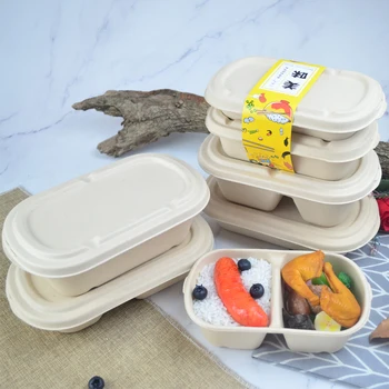 

50 pack Disposable Containers Paper Pulp Cake Bowl with Lid Oil Proof Waterproof Double Grid Eco Friendly Takeaway Food Boxes