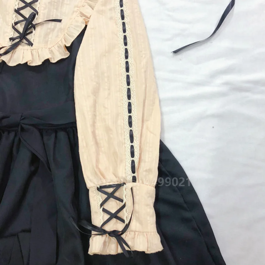 Японское платье для девочек в стиле Лолиты; Kawaii; имитация двух частей; Кружевная повязка с бантом; мягкая блузка с оборками и расклешенными рукавами; вечерние чайные юбки