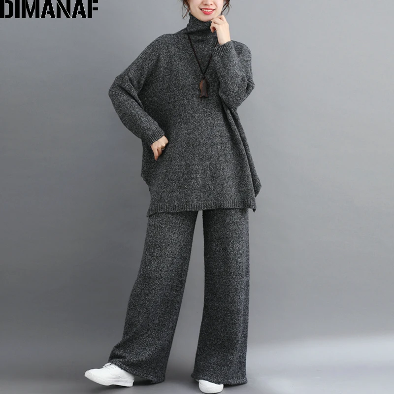 Tanie DIMANAF Plus rozmiar zestawy dla kobiet zima Vintage kombinezon dzianinowy duży rozmiar topy damskie luźne długie spodnie sweter z golfem ubrania damskie
