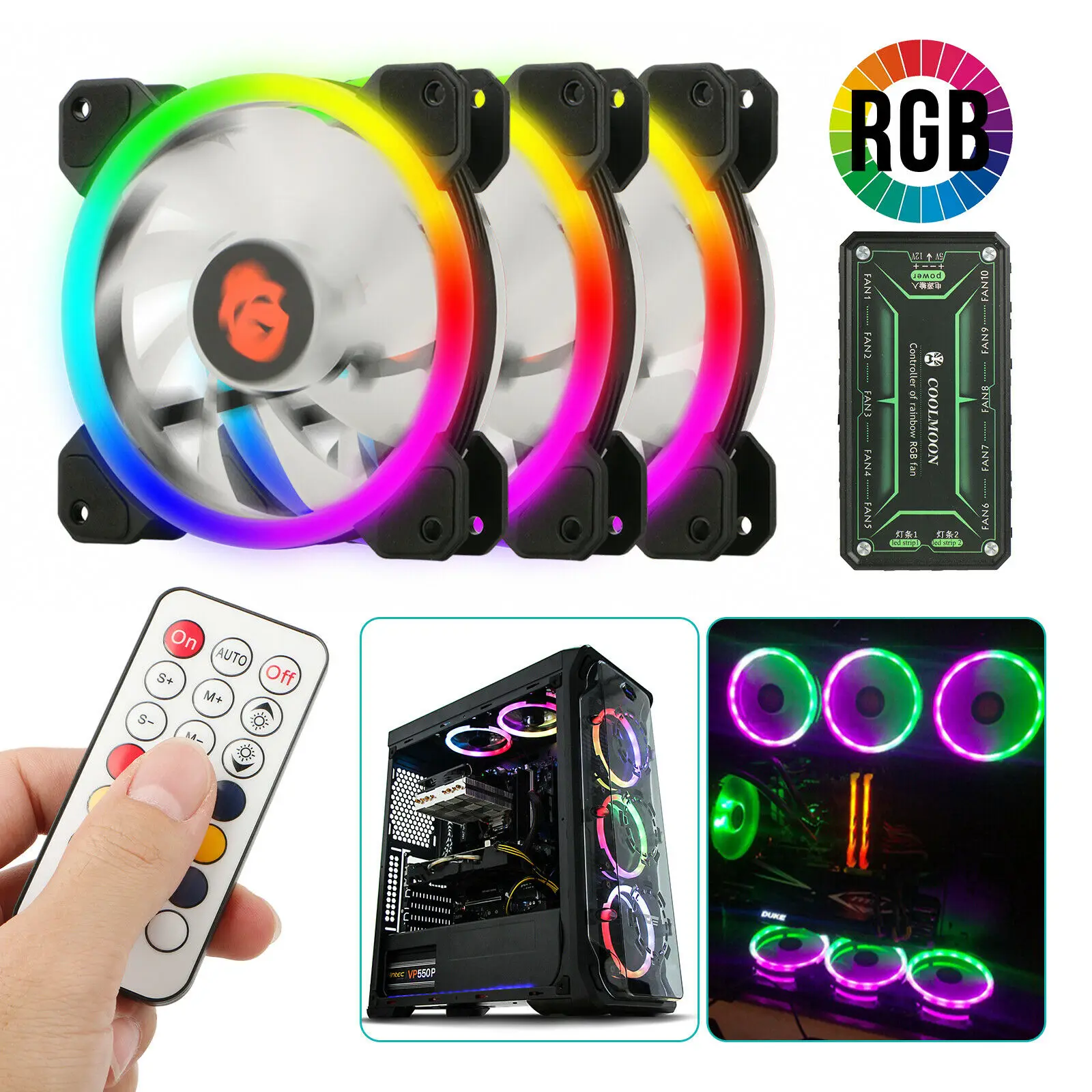3-Pack светодиодный вентилятор охлаждения RGB 120mm 12V w/пульт дистанционного