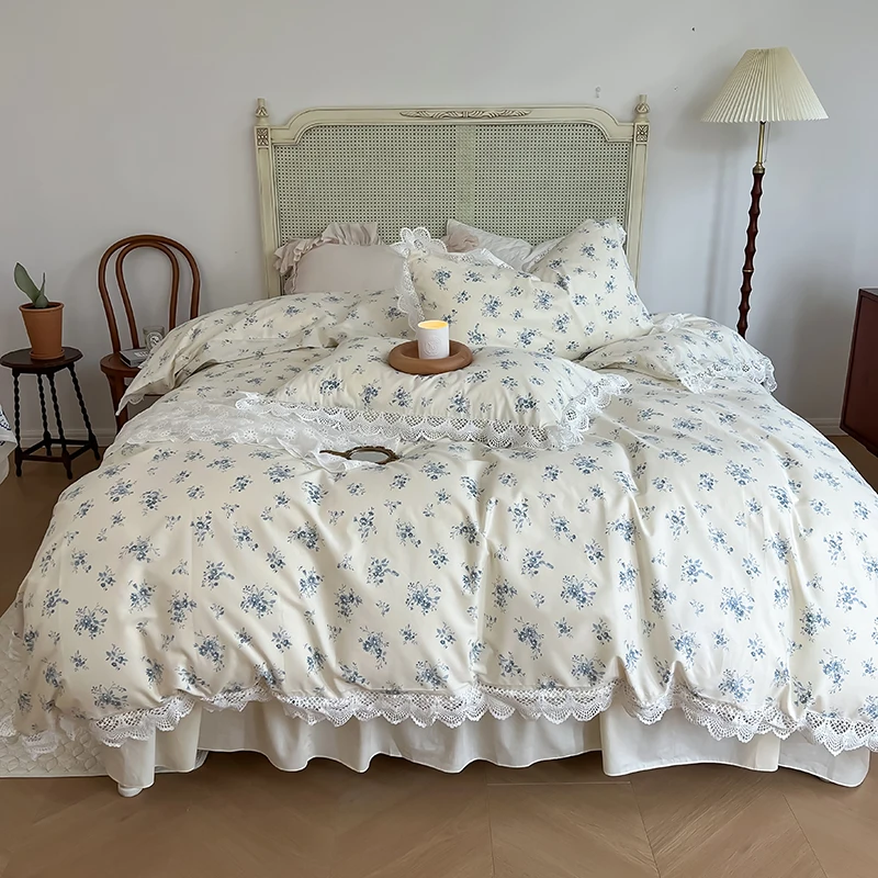

100% Cotton Vintage French Floral Pattern Princess 4Pcs Bedding Set Ruffles Bed Skirt Quilt/Duvet Cover Set Bed Linen Pillowcase