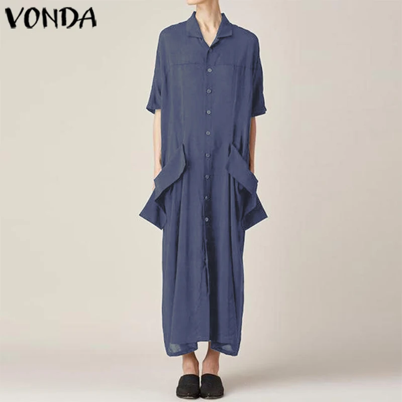 VONDA/хлопковое длинное платье г. Летние повседневные свободные вечерние платья с короткими рукавами однотонные платья больших размеров пляжное платье Femme