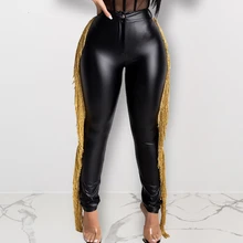 ПУ лоскутные брюки с бахромой женские c высокой талией, эластичные кожаные черные брюки-карандаш женская одежда уличная одежда осенние кисточки