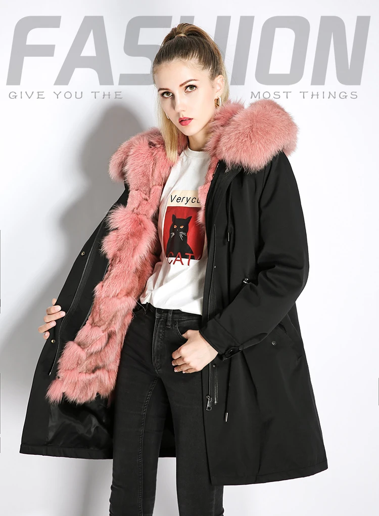 Fur Coat Plus Size Drop Shouler Pink Raccoon Fur Collar Hooded Warm Long Parkas Women Winter Casual Fox Fur Lining Fur Outwear