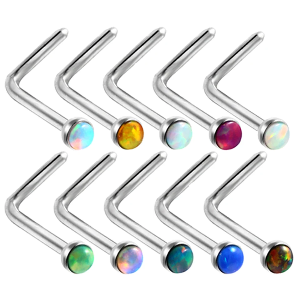

10Pcs/lot Opal Stone Nose Studs for Women Stainless Steel Nose Piercing L Shape Nose Stud Lot Zircon Bar Piercing Body Jewelry