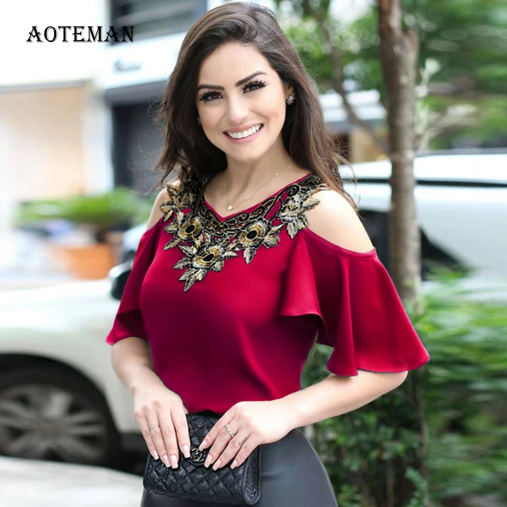 Spring Summer Women's T Shirt 2020 Casual Sexy V Neck Butterfly Sleeve Women Embroidery Solid Pullover Sweatshirt Female | Женская