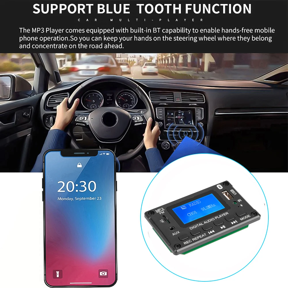 Kebidu DC 5V 12V Bluetooth Audio Decoder Board MP3 Player With LCD Screen Support Call/Recording/MP3/USB/TF/LINE IN/FM/BLUETOOTH