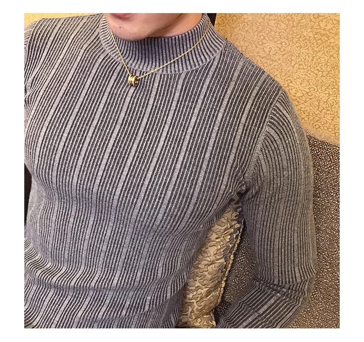 Осенне-зимний бренд высокого класса модный бутик хлопок полосатый мужской повседневный обтягивающий свитер с воротником хомут мужской однотонный вязаный свитер