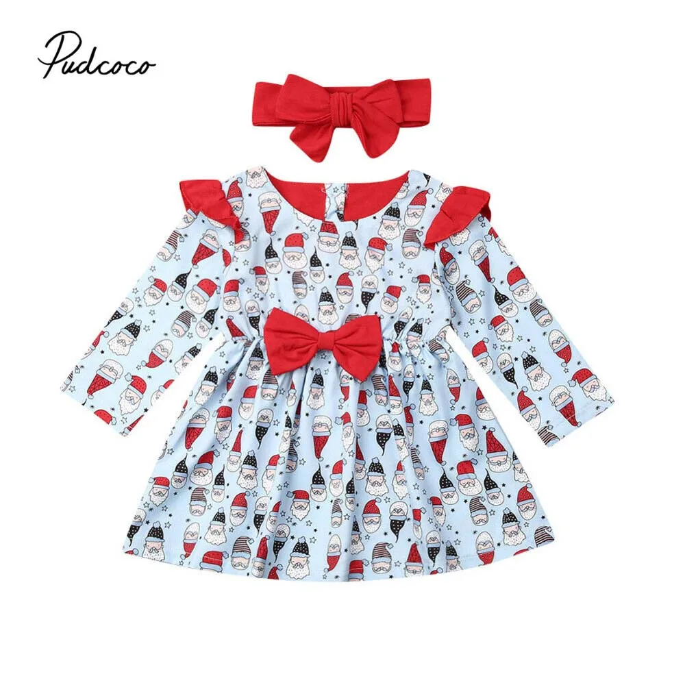 Коллекция года, весенне-осенняя одежда для малышей Рождественская Одежда для новорожденных девочек платье-пачка с бантом и Санта-Клаусом+ повязка на голову, комплект одежды, От 6 месяцев до 4 лет
