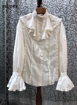 

100%Cotton Blouse Shirt 2020 Spring Summer Vintage Shirt Women Ruffle Lace Patchwork Flare Sleeve Apricot Black Tops Shirt Femme