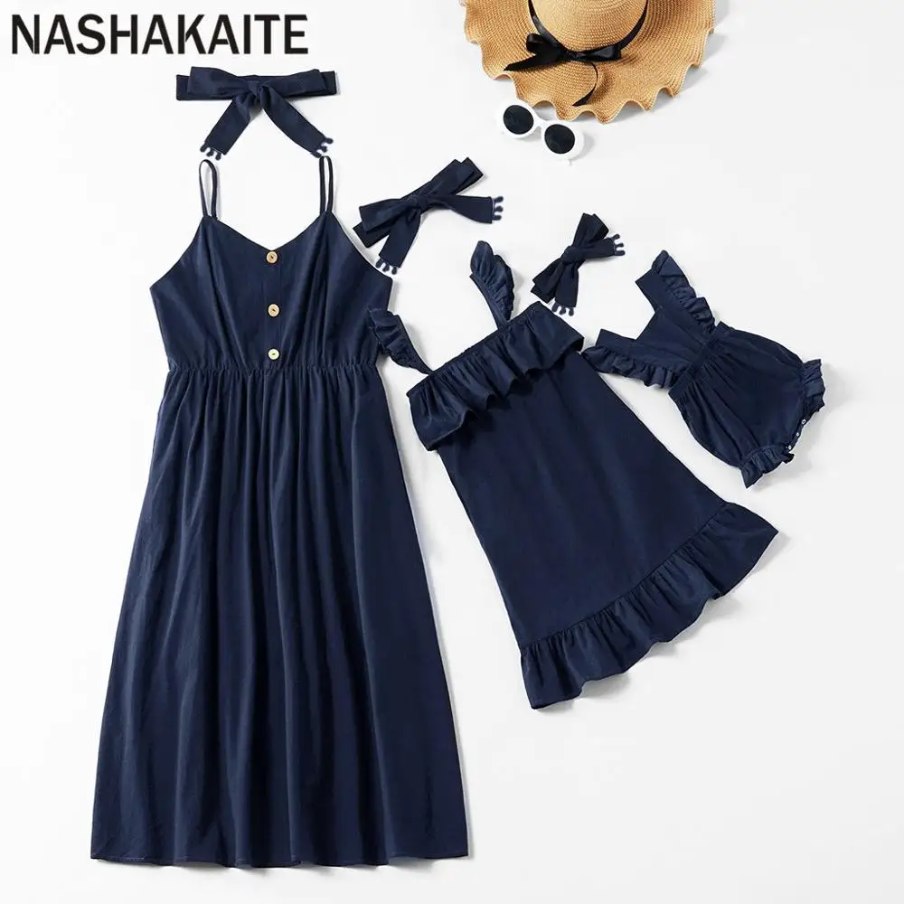 NASHAKAITE/платья для мамы и дочки; платье на бретельках с повязкой на голову; комбинезон для маленьких девочек; платье для мамы и дочки; одежда «Мама и я» - Цвет: Navy