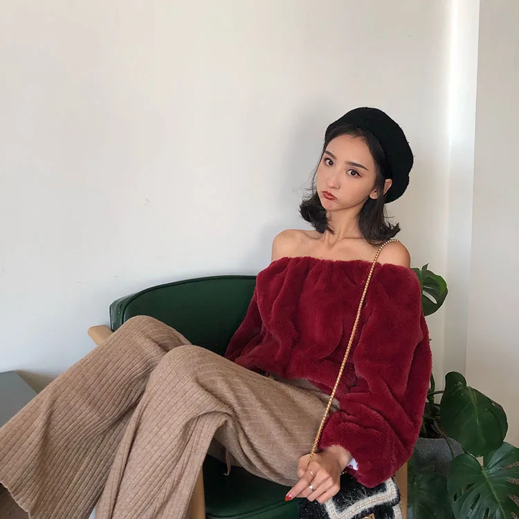 WHITNEY WANG осень зима модная Уличная Сексуальная Мягкая флисовая толстовка с вырезом лодочкой женские толстовки пуловер