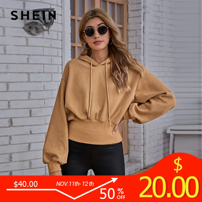 

SHEIN Drop Shoulder Drawstring Hoodie Women Autumn Sweatshirt Pullover Lantern Sleeve Solid Casual Sweatshirts