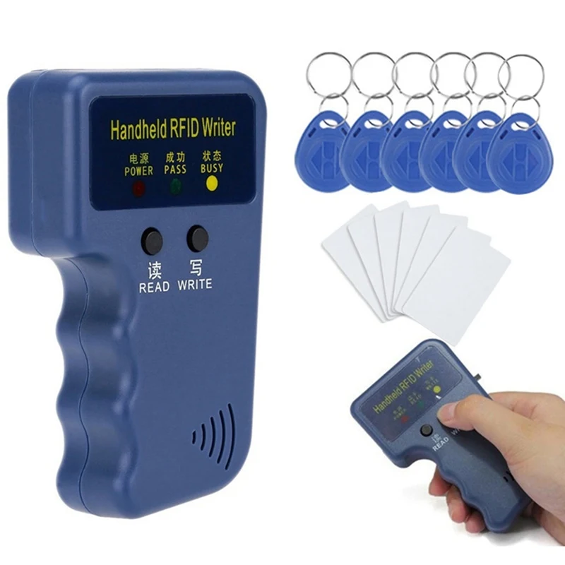 

Handheld 125KHz RFID Duplicator Copier Writer Programmer Reader + Keys + Cards EM4305 T5577 Rewritable ID KeyfobsTags Card