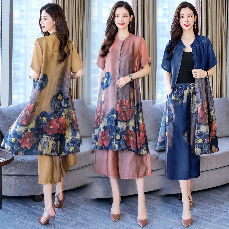 

Printed Loose Pants Set 2019 Summer Wear New Style Fashion Cardigan Button down Retro Large Size Loose-Fit Slimming Two-Piece Se