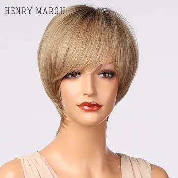 

HENRY MARGU Short Straight Dark Root Ombre Brown Wigs Synthetic Natural Hair Wigs With Bangs for Women Cosplay Heat Resistant
