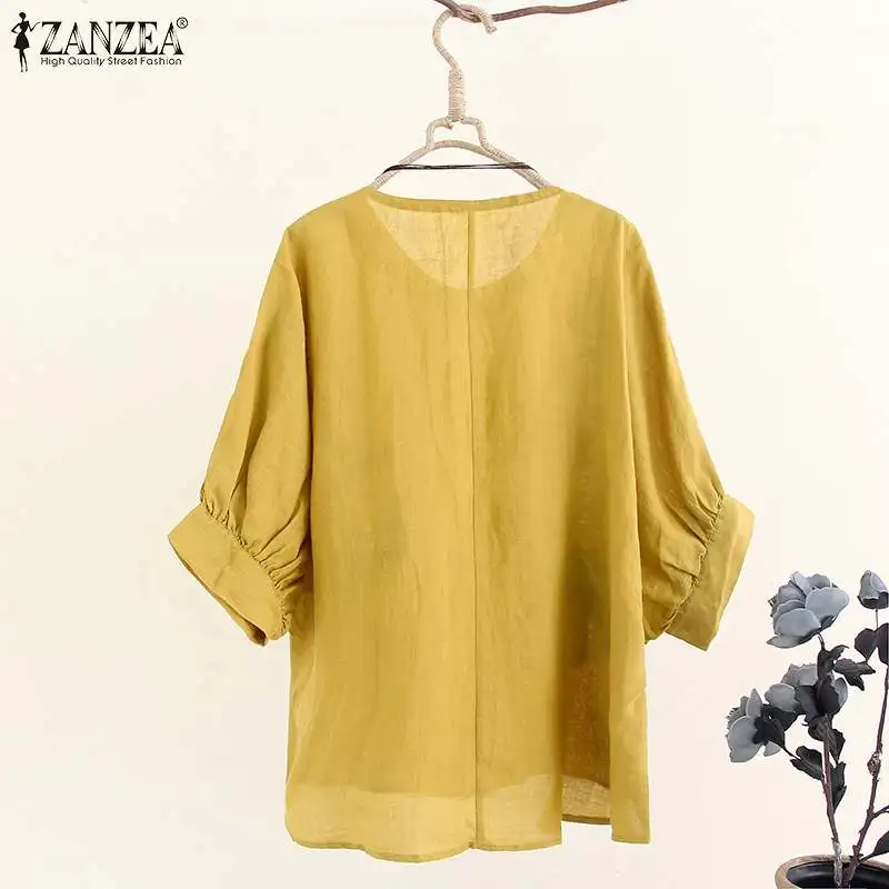  2019 Autumn Embroidered Blouse ZANZEA Women 3/4 Sleeve Shirts Vintage Casual O Neck Cotton Loose Pa