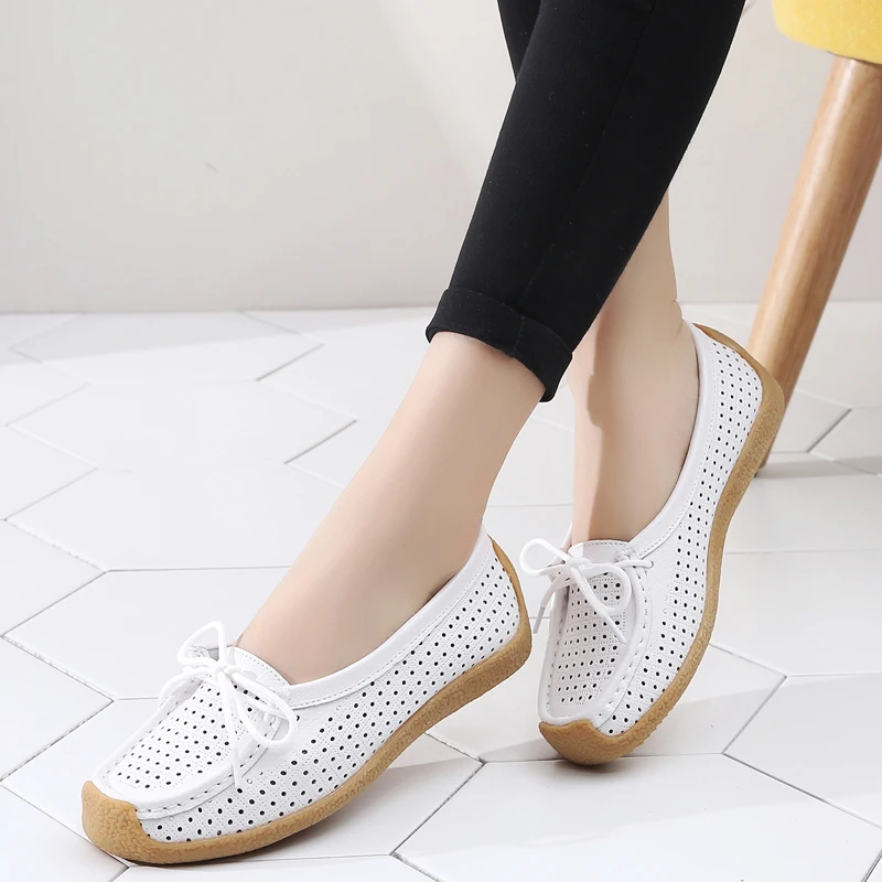 Zapatos planos de cuero genuino para mujer, mocasines informales poco profundos, sin cordones, de talla grande