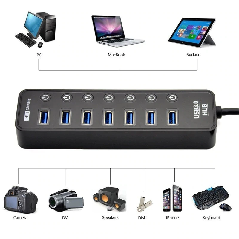 Эксклюзивный USB 3 концентратор 0 4/7 портов с зарядкой питания и переключателем