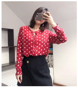

Women Summer 100% Silk Blouse Long sleeve office wear casual natural silk blouses Dots print real silk shirt tops