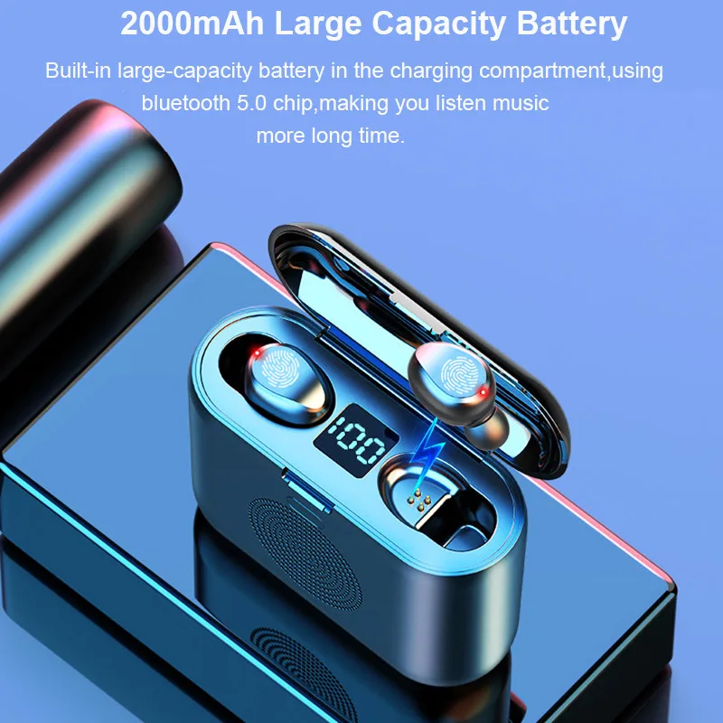 mini bluetooth earphones f9 Speaker TWS Wireless Headphones Touch Control 9D Stereo with Mic LED Display Phone Holder