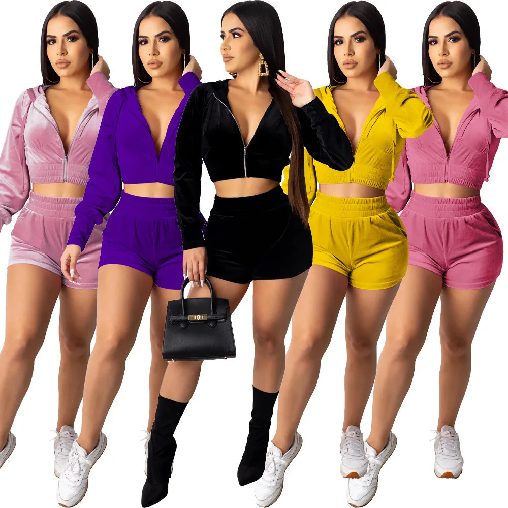 Casual Women Velvet Hooded Two Piece Set Long Sleeve Coat + Pants Solid Color Sportwear Summer Clothes For Women