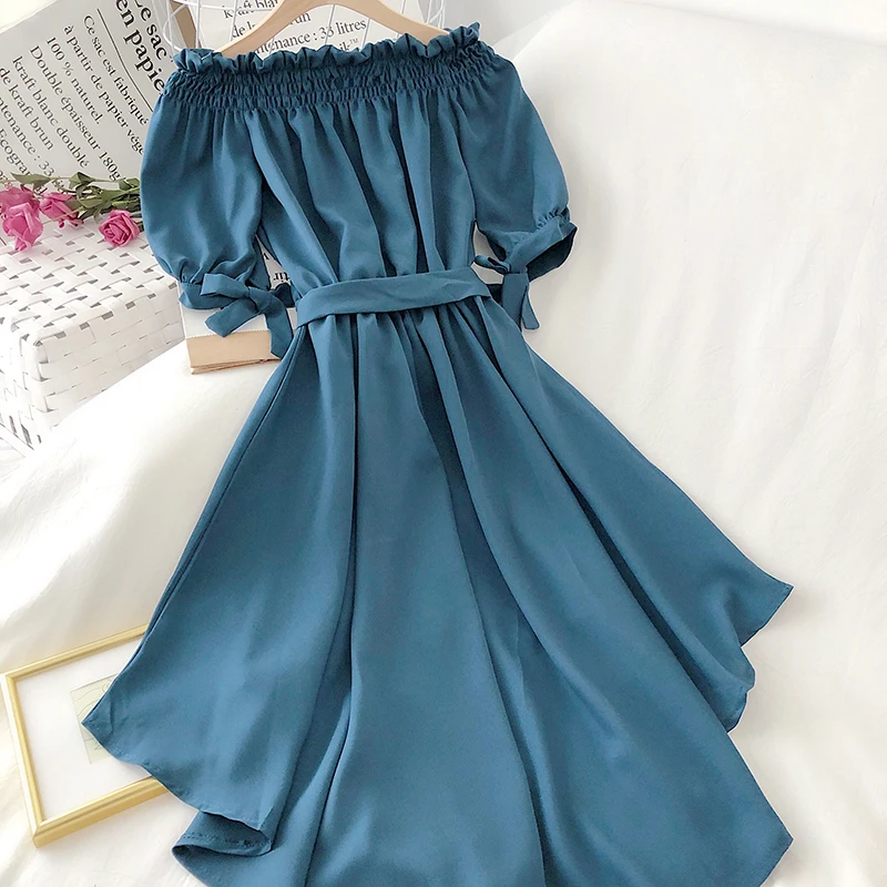 OCEANLOVE Off Shoulder Chiffon Dress  Women Solid Bow Ruffles Chic 2020 Vestidos Short Sleeve Summer Dresses Fashion 15549