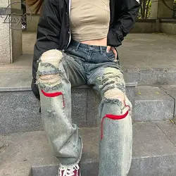 Varofi rasgado jeans baggy calças retas para homem e mulher na rua y2k calças indie roupas jeans estéticos jeans rasgados