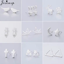 Jisensp, женские серебряные серьги, милые серьги-гвоздики в виде звезды, Луны, геометрические ювелирные изделия, животные, птицы, кошки, оленя, серьги для детей