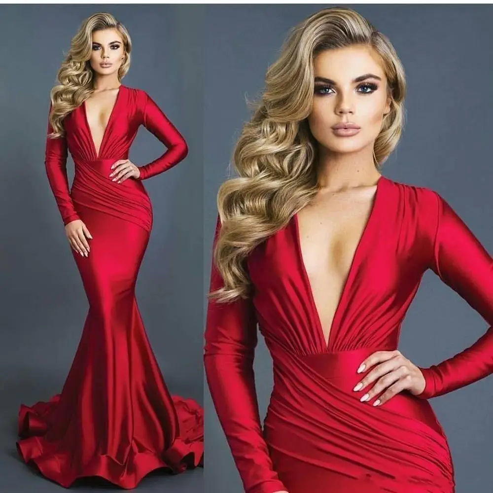 MParetoU Sexy Red Mermaid Evening Dresses Deep V-Neck Long Sleeves Formal Prom Dress Vestidos Elastic Silk